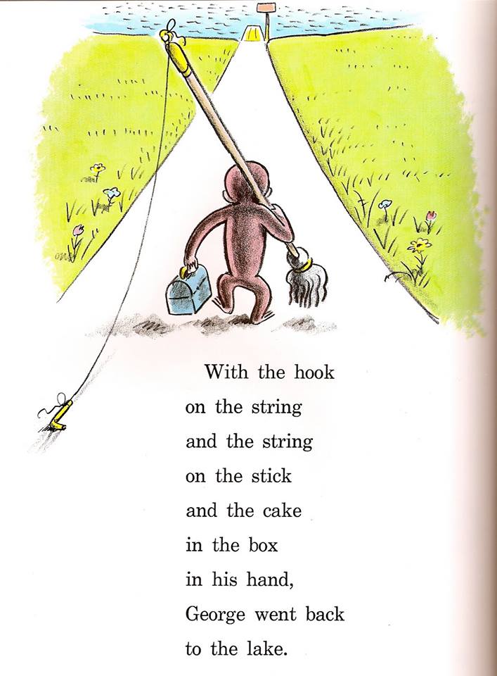 monkey business: the adventures of curious george's creators still, curious george illustration, with the hook on the string and the string on the stick, mop, toolbox